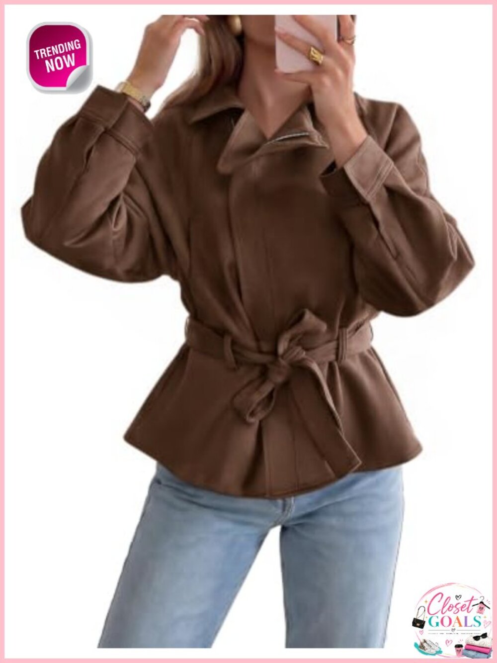 Faux Suede Cropped Moto Jacket Zip Up Belted Biker Trench Coat